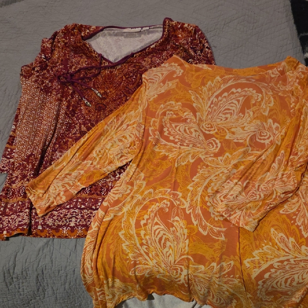 Belle Kim Gravel Paisley Print Tops in Burgundy and Cream